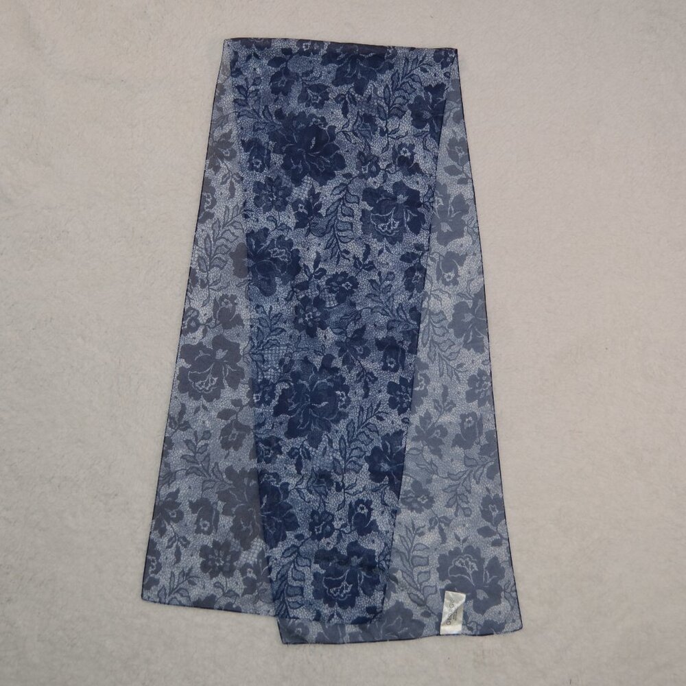 vintage scarf, navy blue sheer chiffon long floral scarf